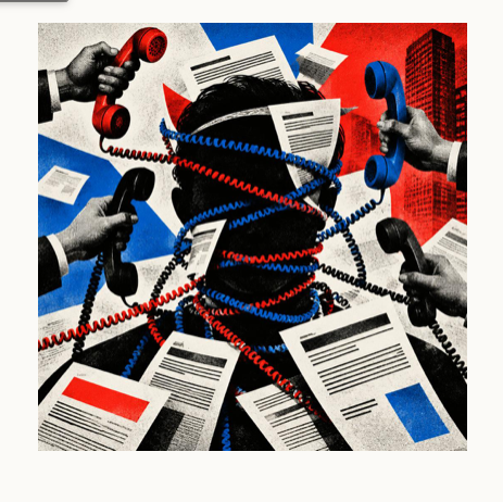 Collage: Ein Kopf, umwickelt von Telefonkabeln, umringt von Händen mit Telefonen und Verträgen