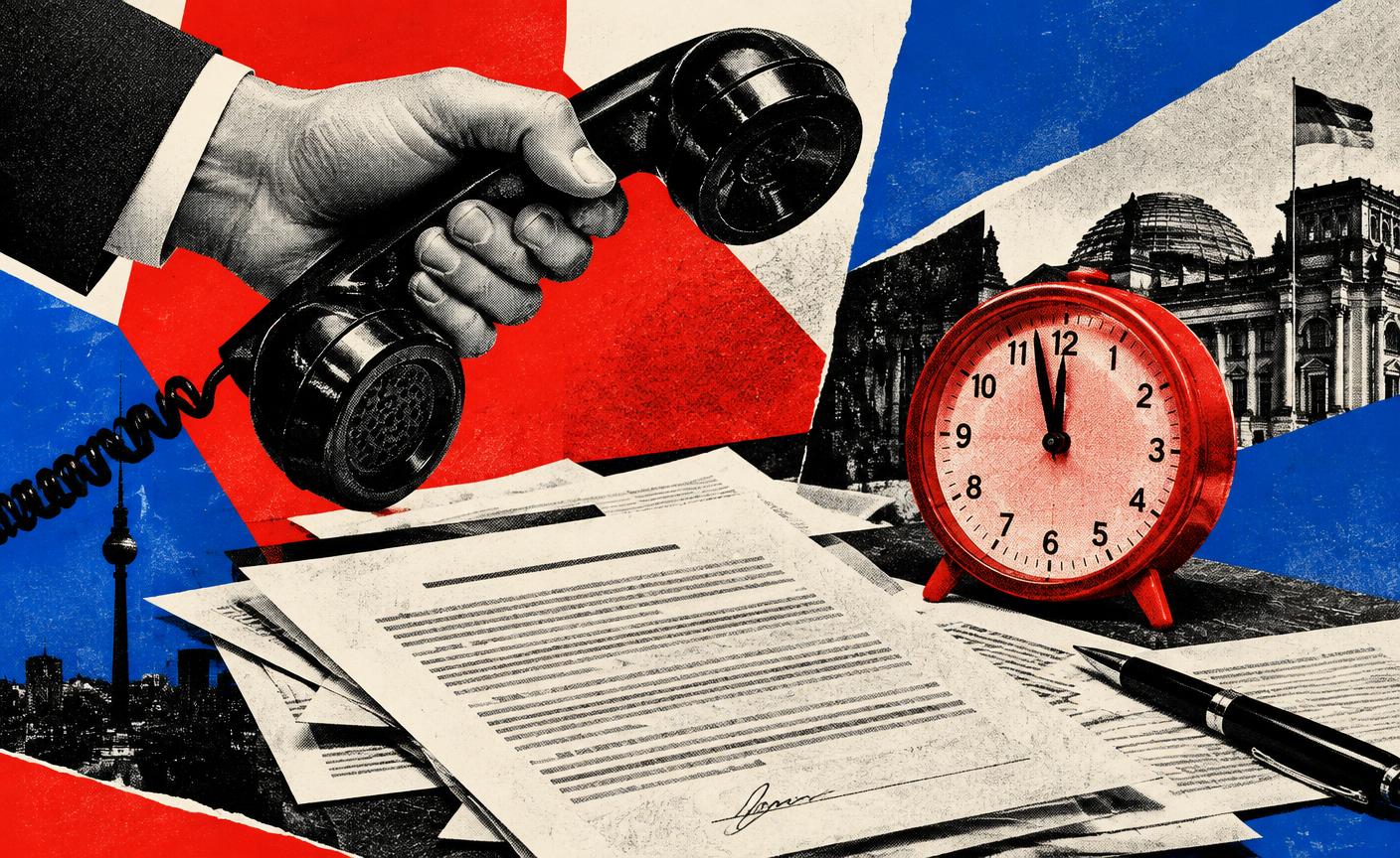 Collage aus Telefonhörer, Verträgen und roter Uhr
