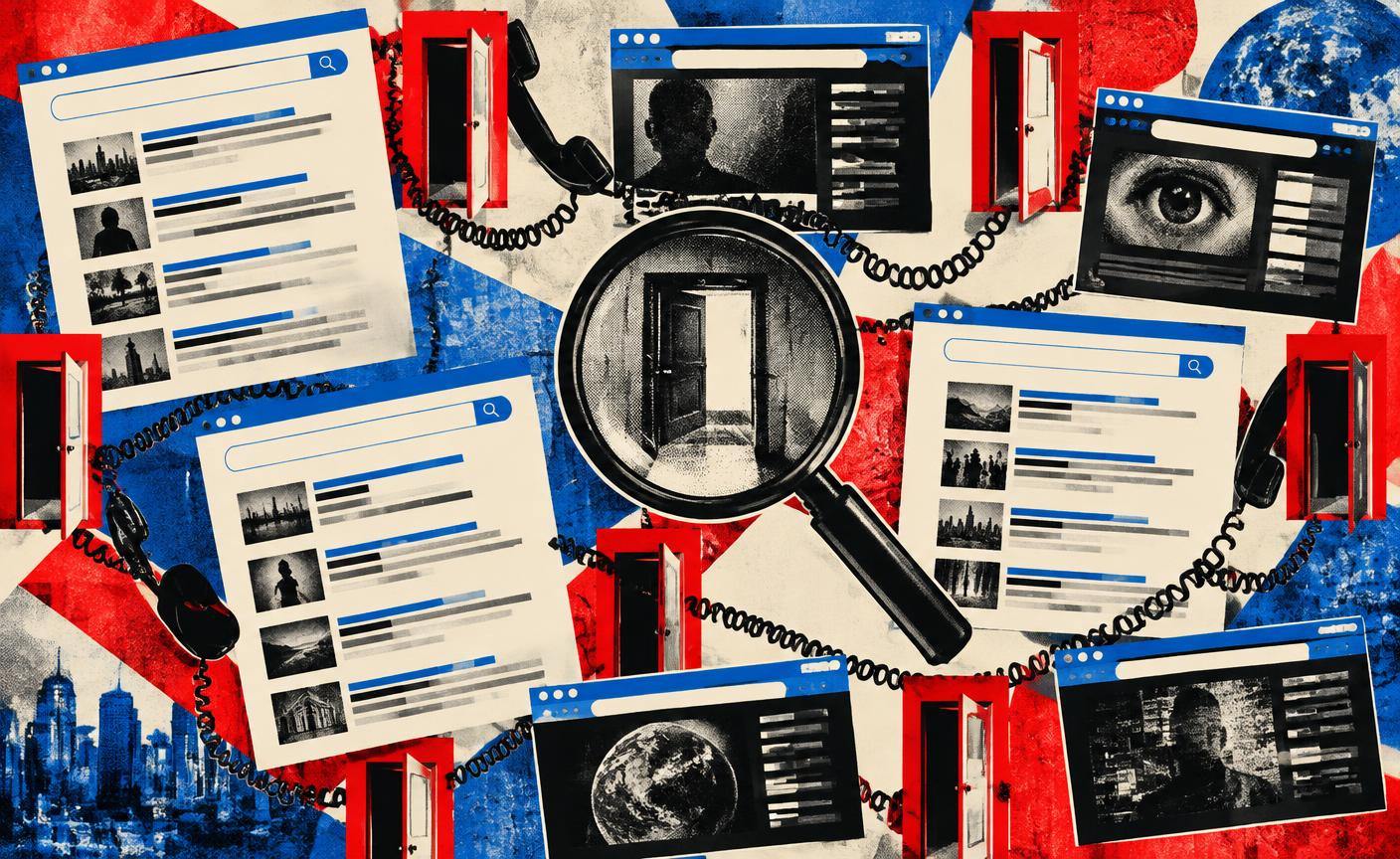 Collage aus Suchergebnissen, Türen und verbundenen Telefonen
